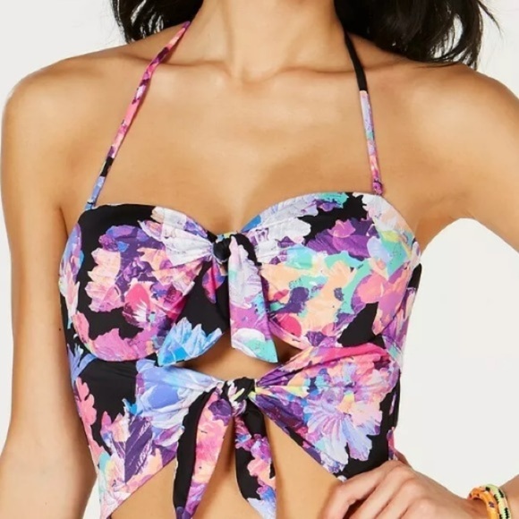 Bar III Tech Floral Printed Tie Front Swimsuit - Picture 3 of 9
